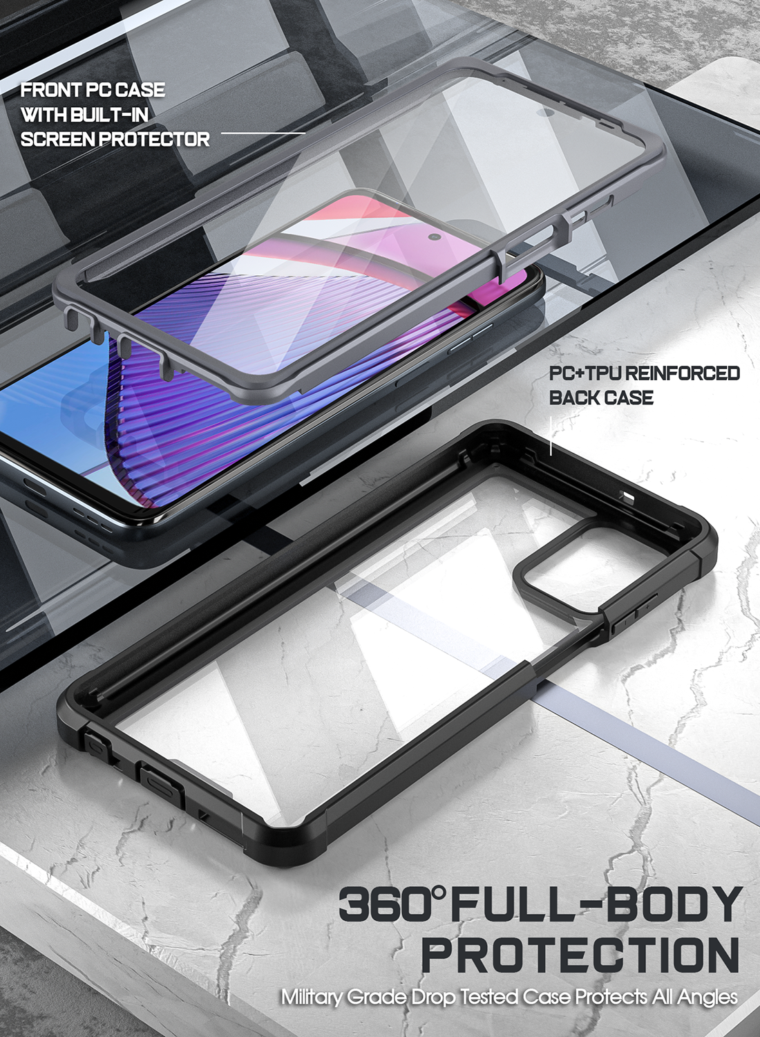 For Moto G Power 5G 2023 Phone Case Hybrid Carbon Fiber TPU Armor + Tempered Glass Screen Protector
