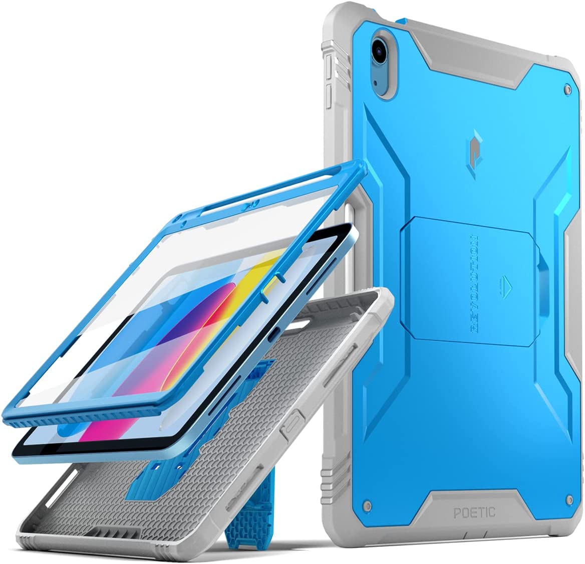 Poetic Revolution Case for iPad 10.9 10th Gen (2022), Built-in Screen Protector with Kickstand, Blue/Gray, Size: One Size